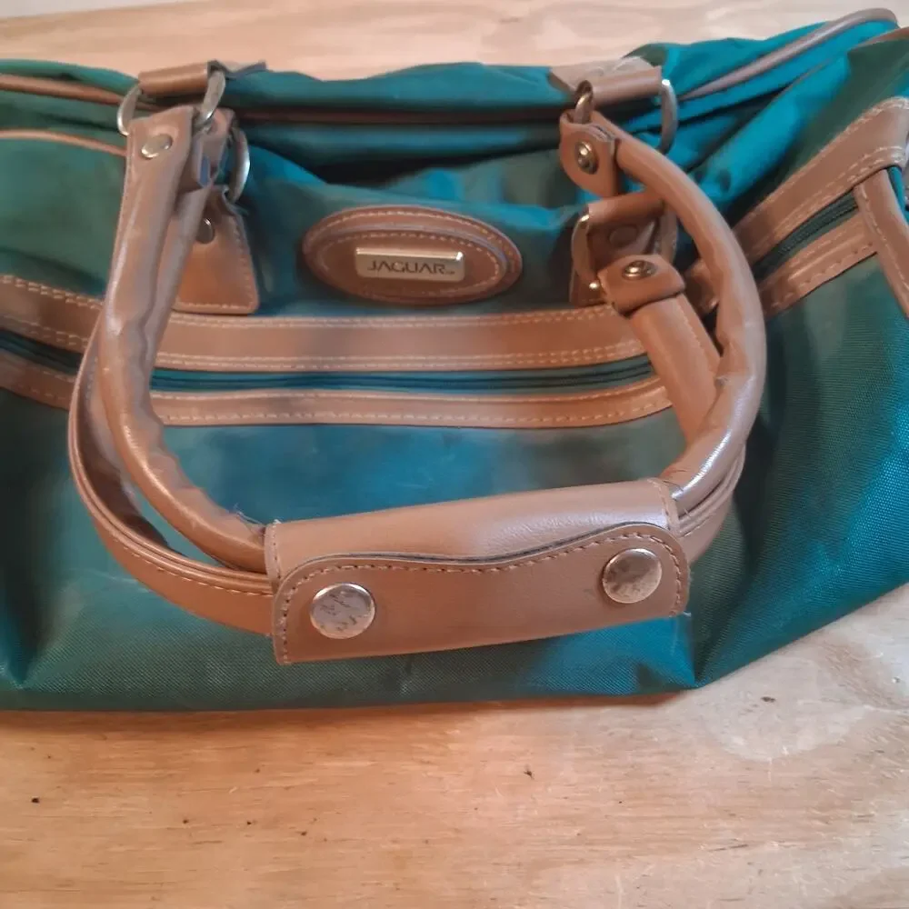 Vintage Jaguar Canvas Leather Duffle Bag Green Medium Large 90s Travel Luggage